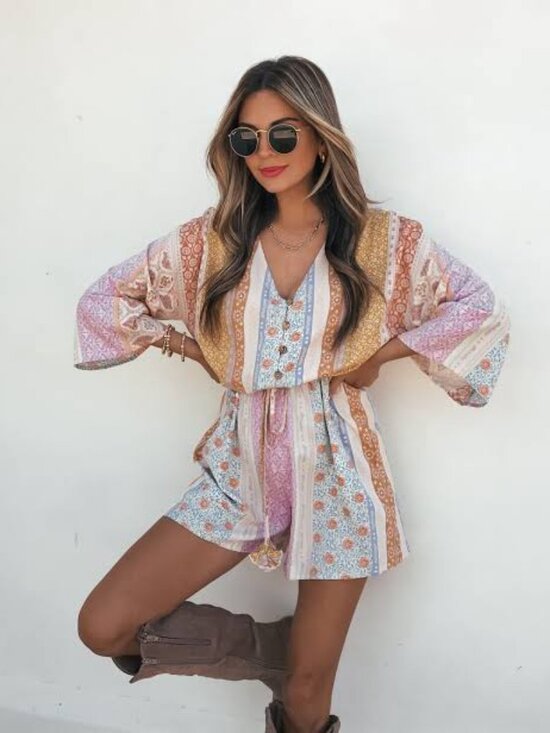 Magnolia Boutique Pants - Magnolia Floral Patchwork Romper in Yellow, Blue, Peach, Lavender